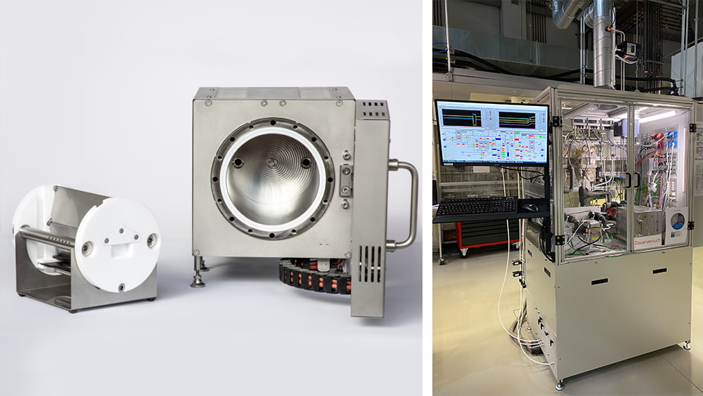 Vom ZBT entwickelte und im Projekt für unterschiedliche Materialtypen eingesetzte Emissionskammer (links) und der Teststand für die Werkstoffqualifizierung am ZBT (rechts). Vom ZBT entwickelte und im Projekt für unterschiedliche Materialtypen eingesetzte Emissionskammer (links) und der Teststand für die Werkstoffqualifizierung am ZBT (rechts).
